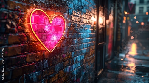Neon heart sign on a wet brick wall at night.