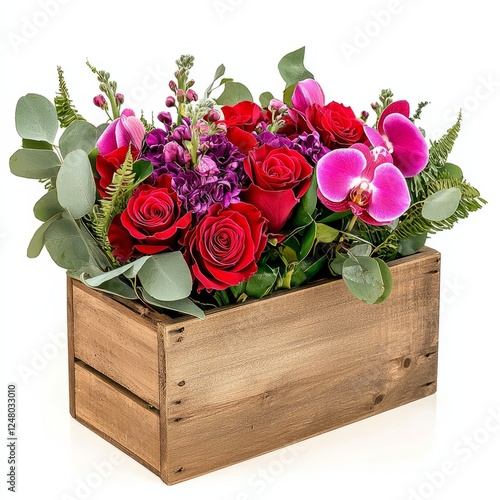 A wooden crate filled with red roses, purple orchids, and greenery, on isolated white background