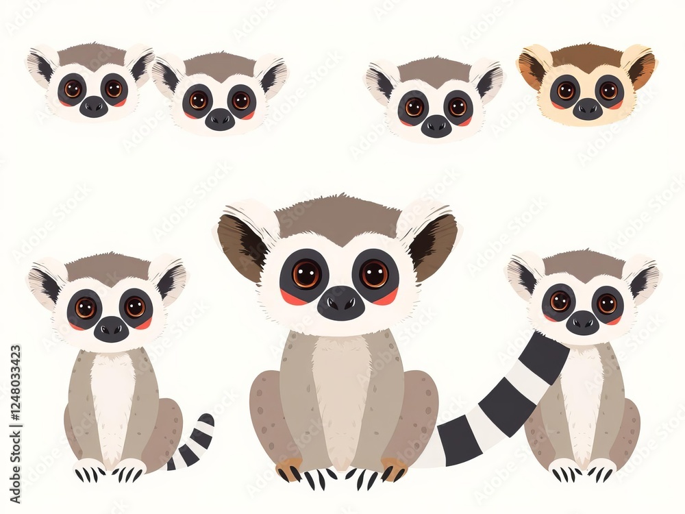 Obraz premium Scandinavian style flat design illustrations of cute funny lemur faces, perfect for kids prints and wildlife nature themes, lemur, illustrations, Scandinavian style
