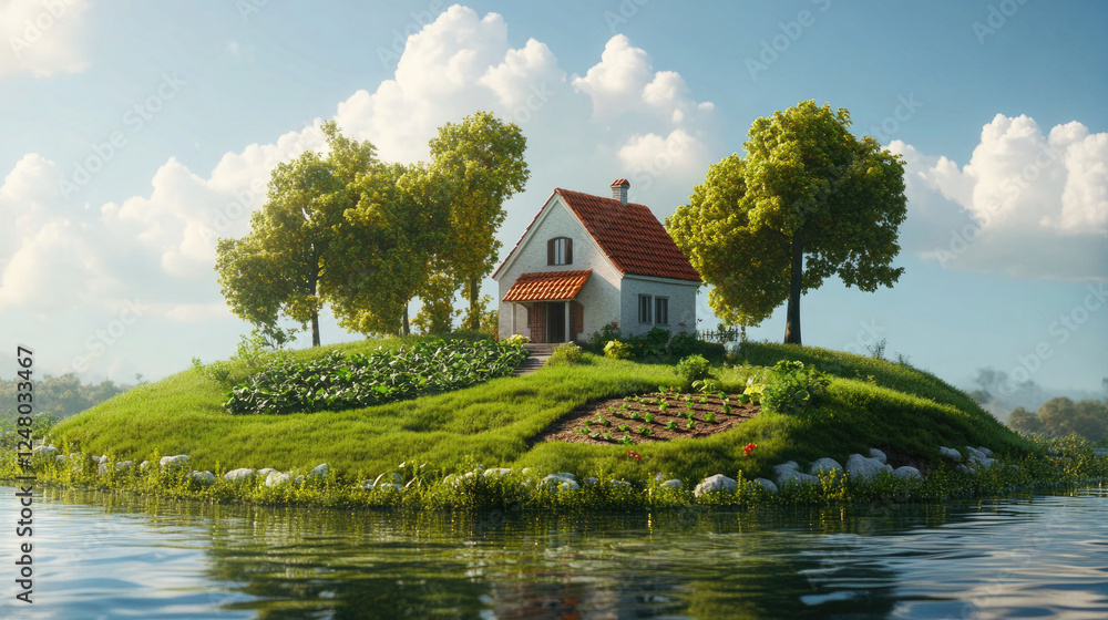 Obraz premium Beautiful House on a Floating Island Surrounded by Lush Greenery and Water