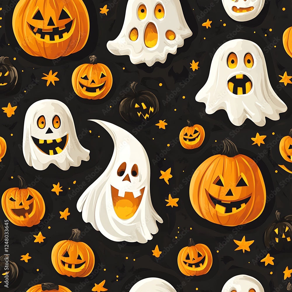 Halloween Pattern of Pumpkins and Ghosts on Dark Background Halloween Pattern of Pumpkins and Ghosts on Dark Background