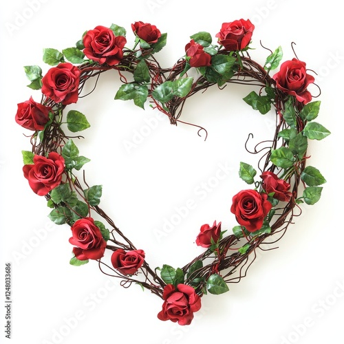 A wreath of intertwined red roses and green vines shaped like a heart, on isolated white background