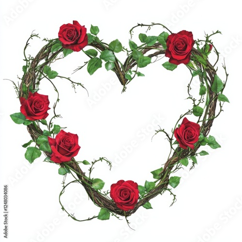 A wreath of intertwined red roses and green vines shaped like a heart, on isolated white background