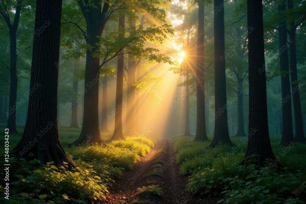 Fototapeta premium Morning light peeks through the trees in a forest, peeking, morning, tree tops