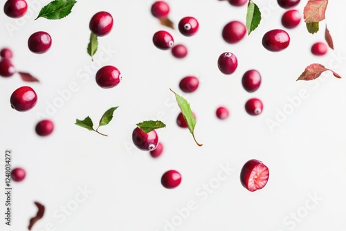 Fresh cranberries and leaves on a clean white surface, perfect for food or nature photography