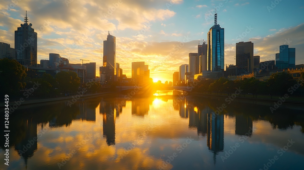 Obraz premium City skyline at sunset, modern high-rises reflecting in water, vibrant colors in the sky, peaceful urban evening atmosphere.