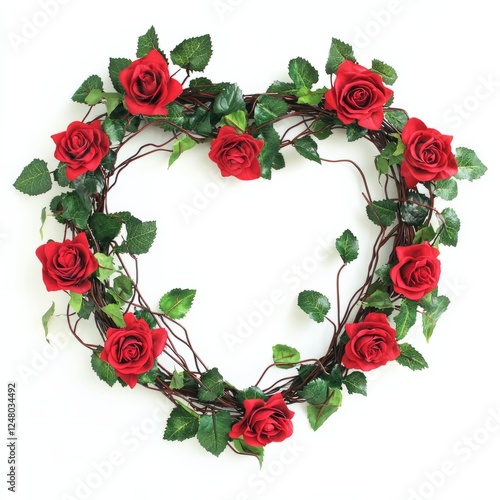 A wreath of intertwined red roses and green vines shaped like a heart, on isolated white background