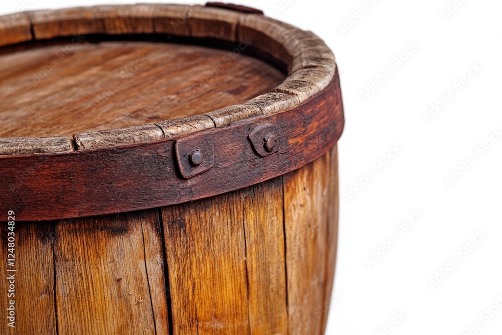 Obraz premium A detailed shot of a wooden barrel on a white background, perfect for use in still life or product photography