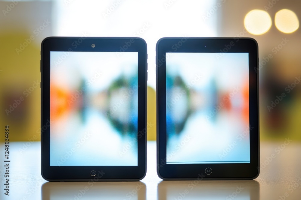 Two cell phones placed side by side on a table, ready for use or charging Two cell phones placed side by side on a table, ready for use or charging