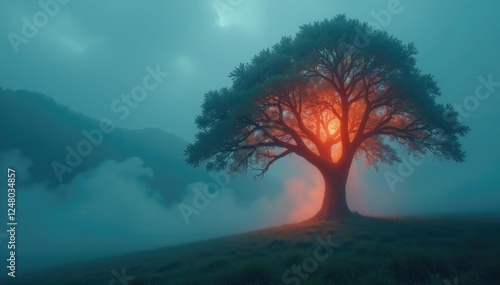 Misty fog swirls around a glowing tree with an otherworldly aura, ethereal, tree, mysterious photo