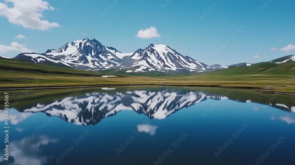 Serene mountain landscape, tranquil lake reflecting majestic peaks and bright sky, ideal for nature-themed projects or relaxation. Serene mountain landscape, tranquil lake reflecting majestic peaks and bright sky, ideal for nature-themed projects or relaxation.