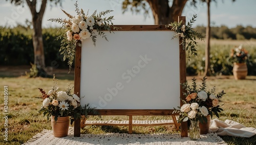 Elegant White Welcome Sign on Wooden Easel Amid Boho Wedding Decor

