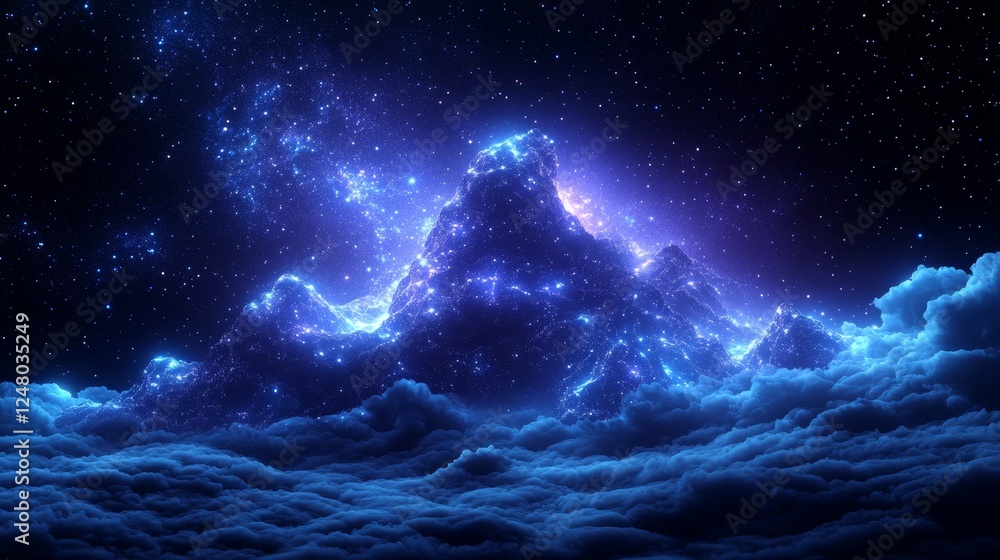 Celestial Nightscape Dreamlike Cloudscape Starry Sky Illuminated Mountain Peaks Cosmic Fantasy Background Celestial Nightscape Dreamlike Cloudscape Starry Sky Illuminated Mountain Peaks Cosmic Fantasy Background