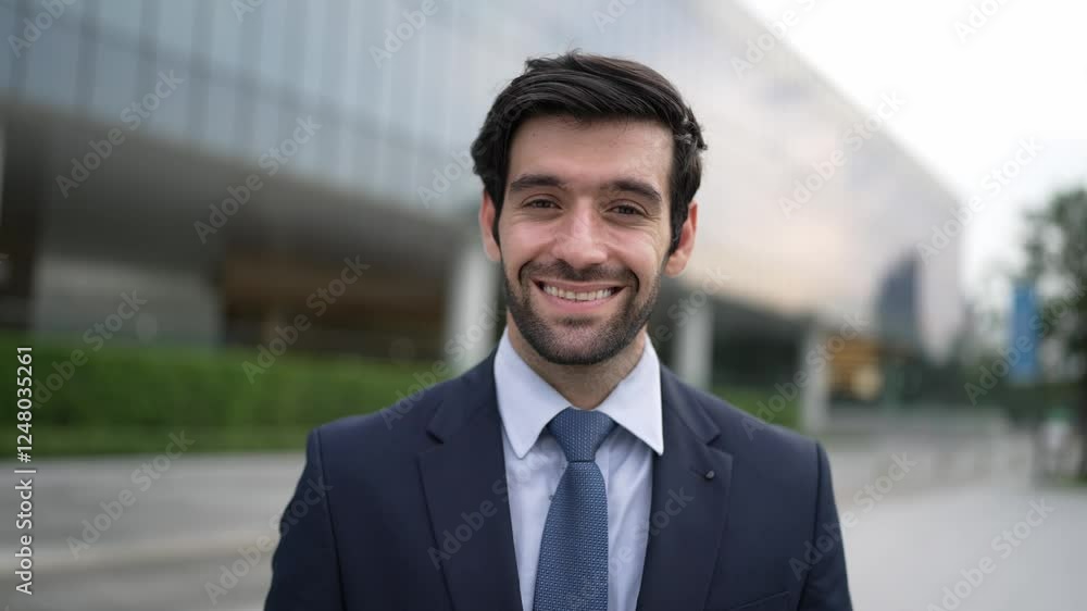 Skilled smiling business man looking at camera while standing at building. Closeup of successful man smiling at camera while wearing business suit. Happy manager look at camera. Business. Exultant. Skilled smiling business man looking at camera while standing at building. Closeup of successful man smiling at camera while wearing business suit. Happy manager look at camera. Business. Exultant.