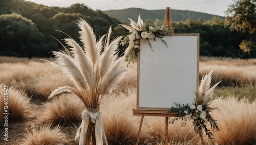 Boho Wedding Welcome Sign on Wooden Easel with Macramé and Floral Decor

