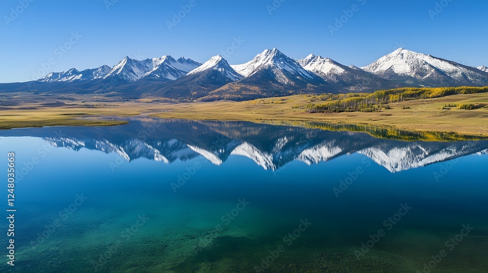 Naklejka premium Scenic mountain reflection over calm lake, serene natural landscape showcasing blue sky and snow-capped peaks, tranquil atmosphere.