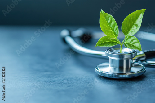 A stethoscope with leaves sprouting from the earpieces, symbolizing holistic and natural health photo