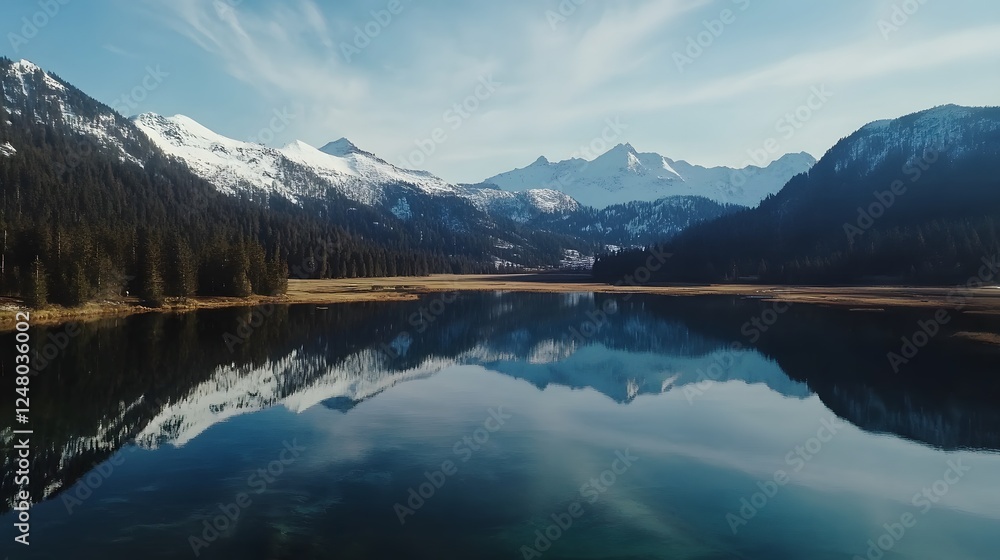 Serene landscape with calm lake, majestic mountains reflecting in water, peaceful scenery for relaxation and inspiration. Serene landscape with calm lake, majestic mountains reflecting in water, peaceful scenery for relaxation and inspiration.