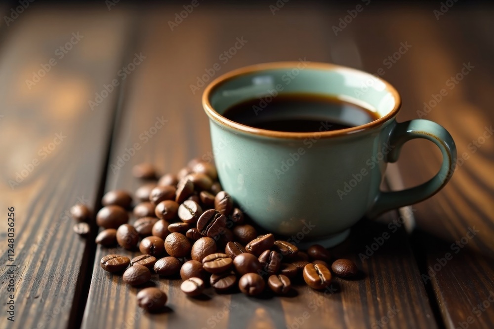 Fototapeta premium Aromatic Brew Dark Roast Coffee in a Teal Cup Beside Roasted Beans on a Rustic Wooden Table