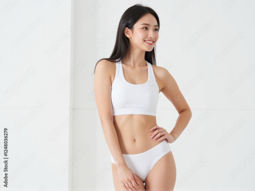 Radiant and happy woman in a white crop top and panties, standing confidently in a professional white studio, looking aside with a serene and self-assured expression Radiant and happy woman in a white crop top and panties, standing confidently in a professional white studio, looking aside with a serene and self-assured expression