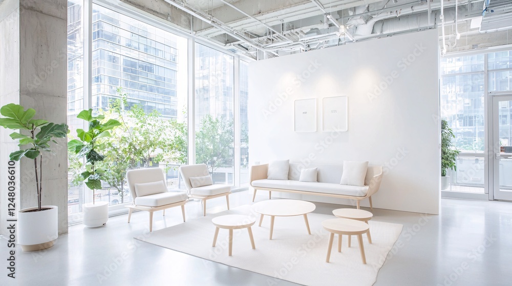 Fototapeta premium A coworking space designed with sustainability in mind, large windows with natural lighting, indoor plants creating a fresh workspace, collaborative work culture, modern eco-friendly interior,