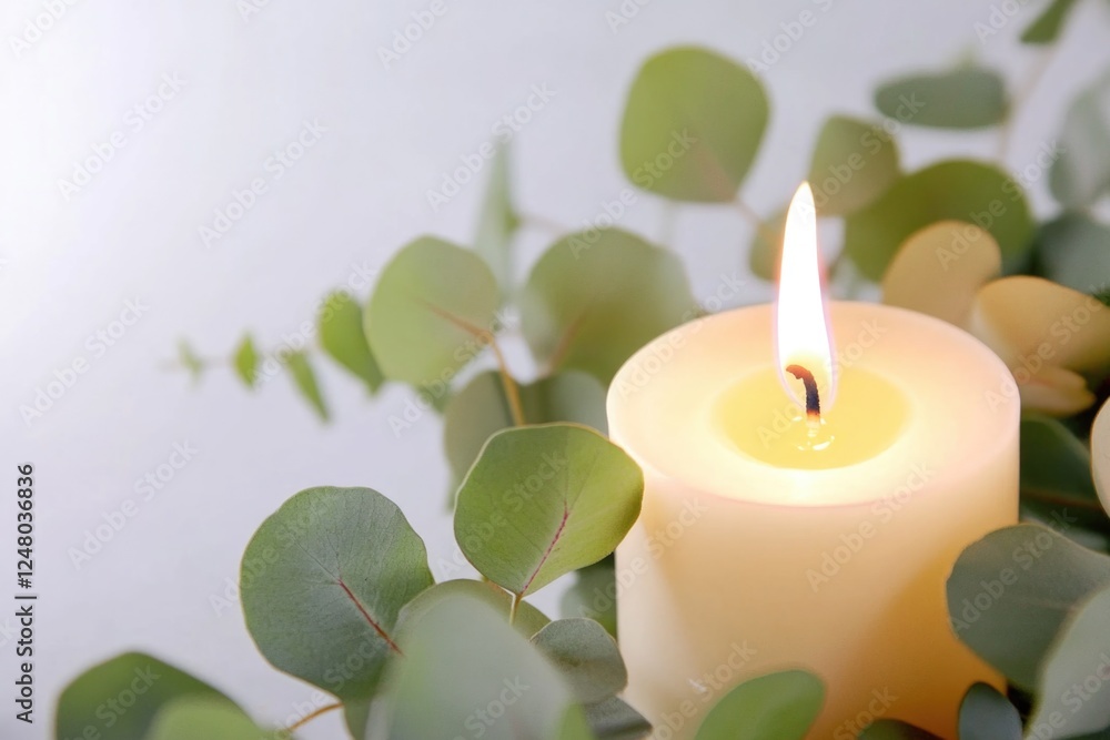 A lit candle surrounded by green leaves sitting on a table A lit candle surrounded by green leaves sitting on a table