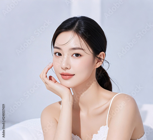 Beautiful Asian girl with cosmetics modeling clean face closeups