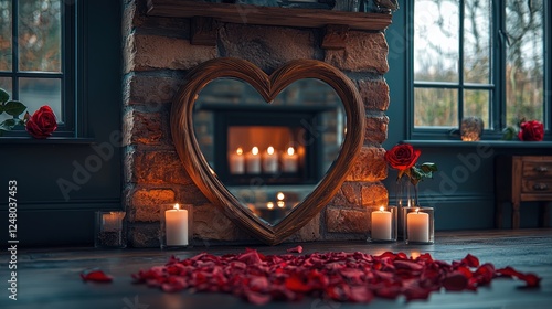 фотографія Romantic setting with candles and rose petals.