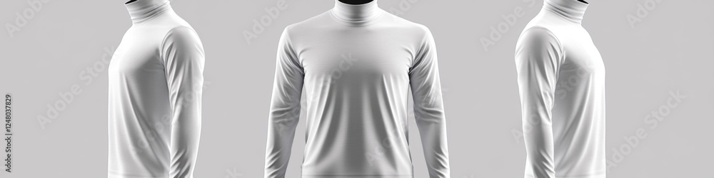 Three life-sized mannequins standing together in white outfits on a neutral gray background Three life-sized mannequins standing together in white outfits on a neutral gray background