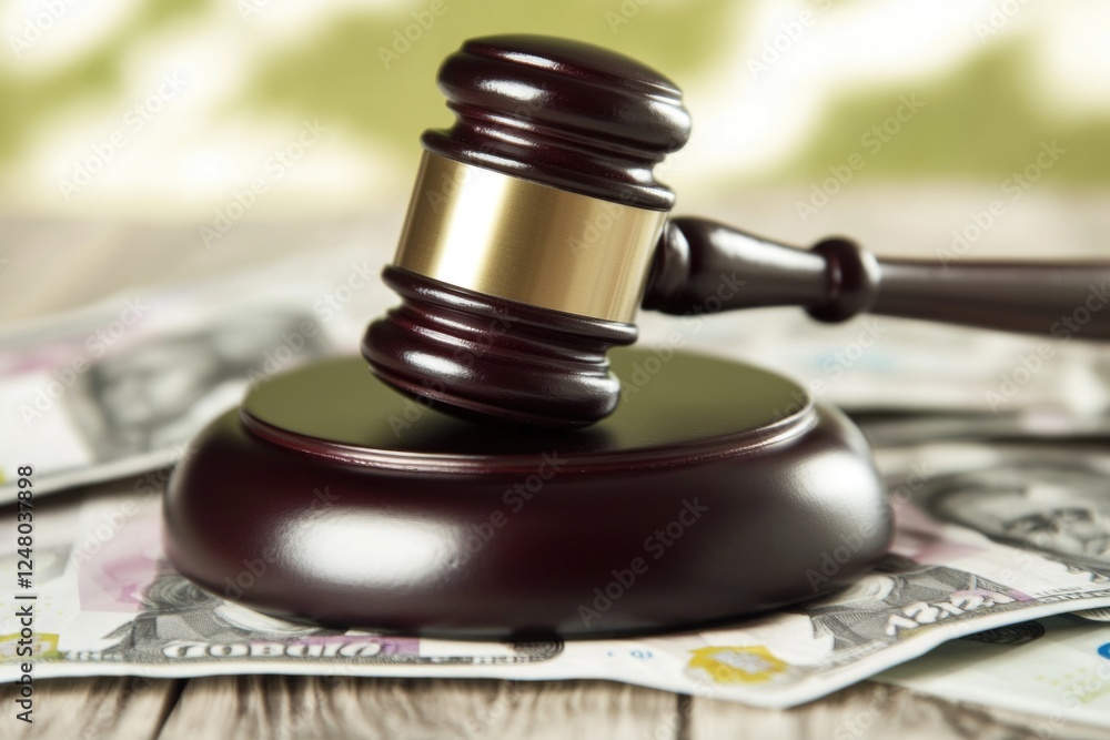 A judicial symbol resting atop a stack of cash, conveying authority and financial power A judicial symbol resting atop a stack of cash, conveying authority and financial power
