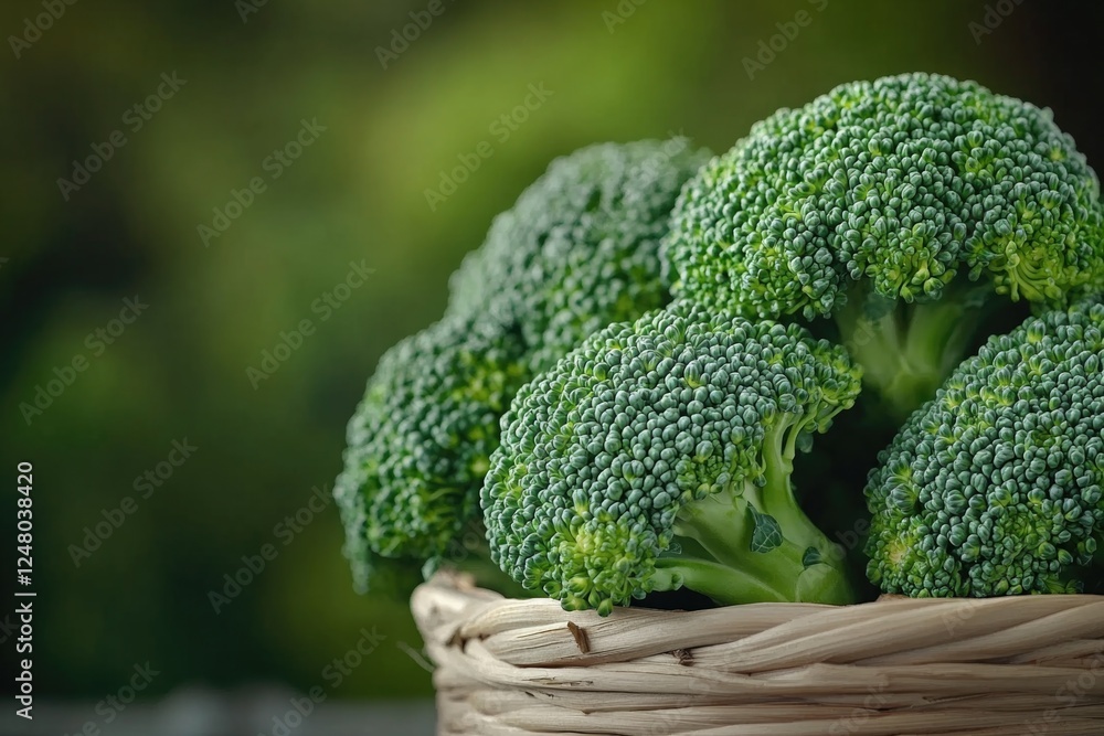 A basket filled with plenty of fresh green broccoli A basket filled with plenty of fresh green broccoli
