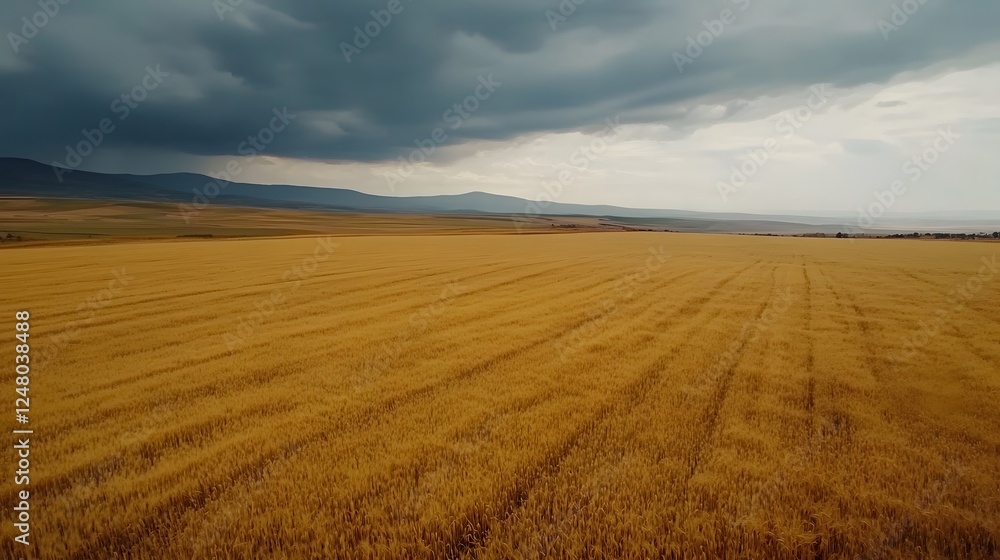 Vast golden field under dramatic stormy sky, expansive agricultural landscape highlighting nature's power and beauty. Vast golden field under dramatic stormy sky, expansive agricultural landscape highlighting nature's power and beauty.