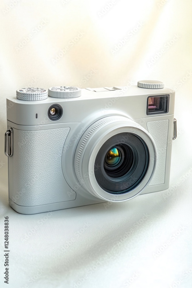 A silver camera sits atop a white table, ready for use A silver camera sits atop a white table, ready for use