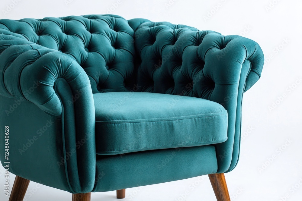 Obraz premium A single teal colored chair with wooden legs on a minimalist background