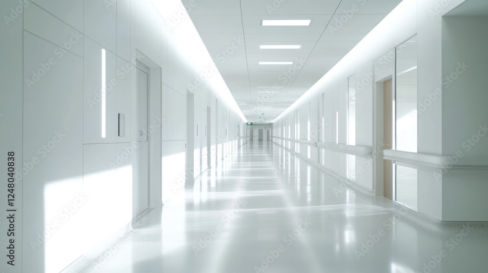 A long hallway with white walls and floors, suitable for corporate or institutional uses A long hallway with white walls and floors, suitable for corporate or institutional uses
