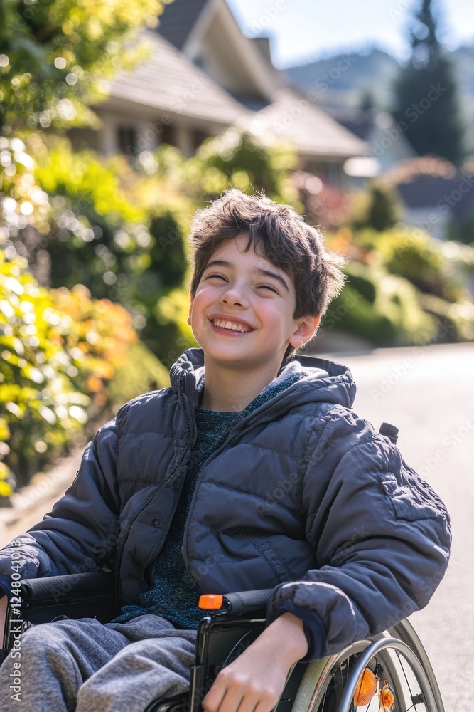 A happy young boy with a disability sits in his wheelchair, smiling brightly at the camera A happy young boy with a disability sits in his wheelchair, smiling brightly at the camera