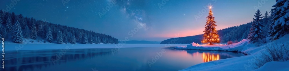 Fototapeta premium Frozen lake with a solitary Christmas tree in the distance, starry sky, icy landscape, wintry scene