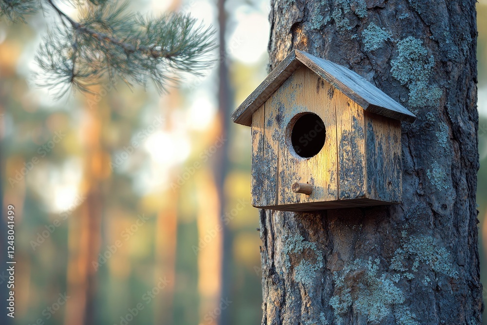 Wooden birdhouse hanging on a tree in a forest Wooden birdhouse hanging on a tree in a forest