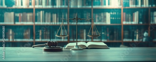 Scales of justice on a desk with law books in the background.