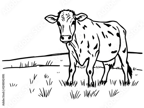 Cow grazing on pasture in minimalist continuous line art style, isolated on white background vector illustration, linear, sketch, minimalist photo