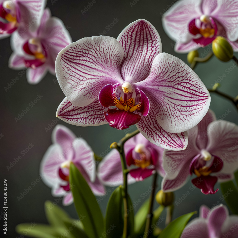 Orchid (Orchidaceae). Focus on its elegant and intricate flower, capturing the delicate petals and vibrant colors Orchid (Orchidaceae). Focus on its elegant and intricate flower, capturing the delicate petals and vibrant colors