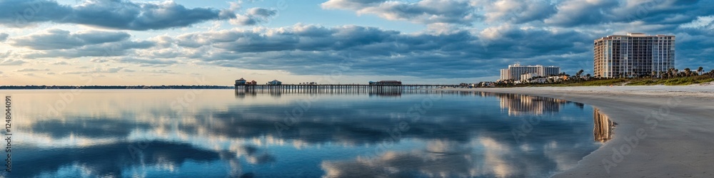 A body of water with a beach and buildings in the background A body of water with a beach and buildings in the background