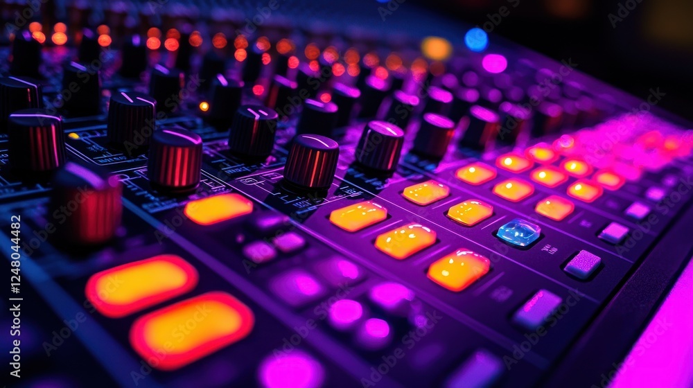 Illuminated audio mixer console, close-up, studio, music production Illuminated audio mixer console, close-up, studio, music production