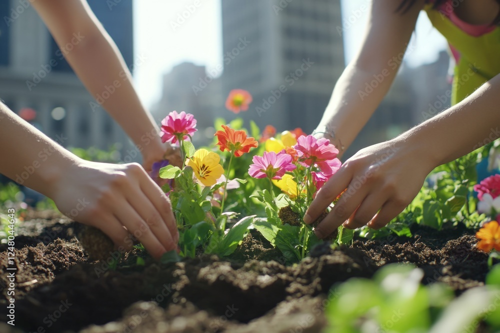 Two women tending to a garden, planting flowers and enjoying the outdoors Two women tending to a garden, planting flowers and enjoying the outdoors