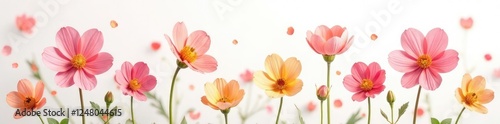 Delicate flowers in shades of pink and yellow on a white background, spring, floral