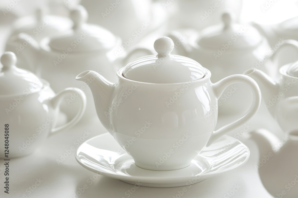 A small white tea pot placed on a saucer, perfect for serving and displaying A small white tea pot placed on a saucer, perfect for serving and displaying