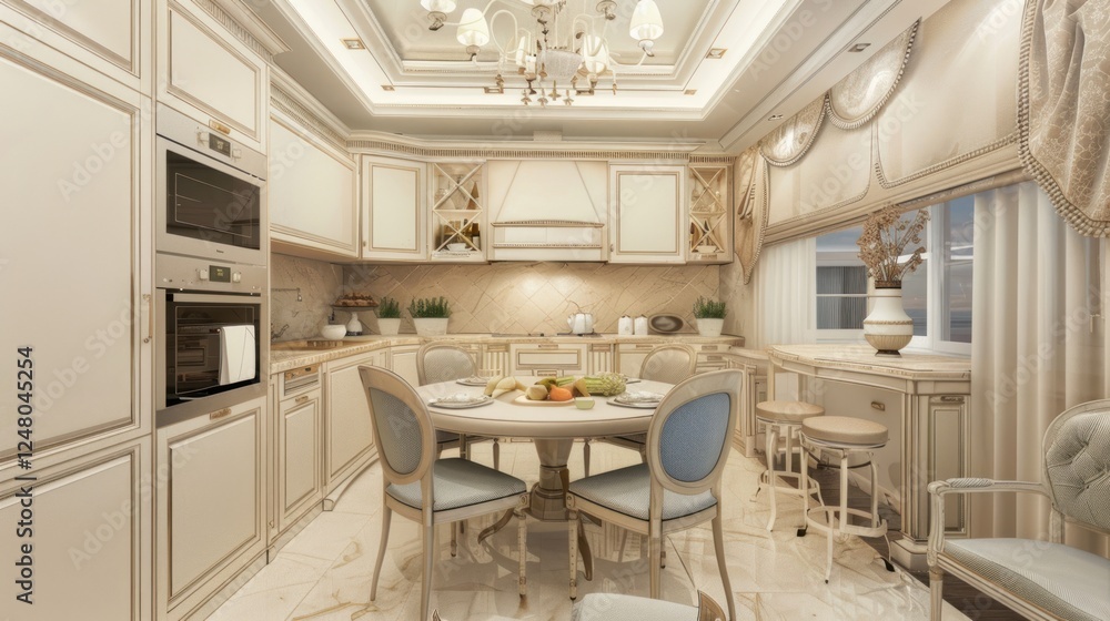 A kitchen with a wooden table and chairs, and a white oven A kitchen with a wooden table and chairs, and a white oven