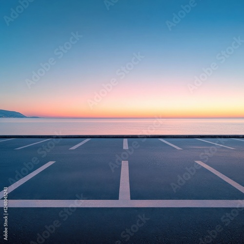 Tranquil sunset over calm seaside empty lot.