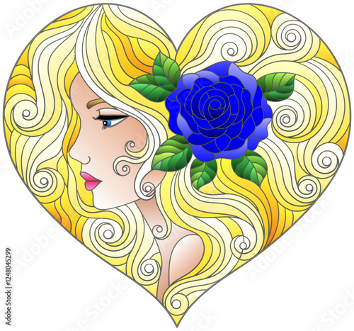 A stained glass illustration with a portrait of a girl with bright hair and a heart-shaped rose
