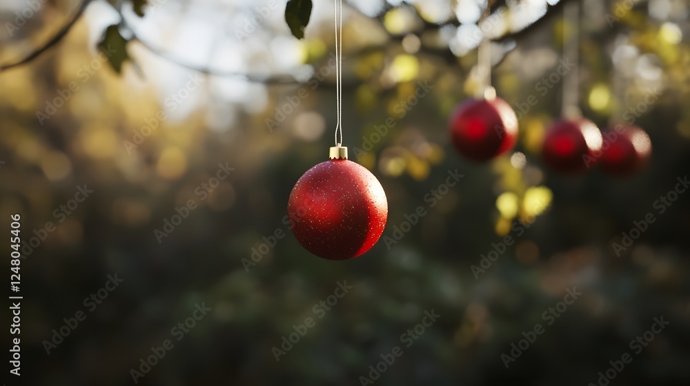 Obraz premium Red Christmas ornaments hang from an autumn tree branch